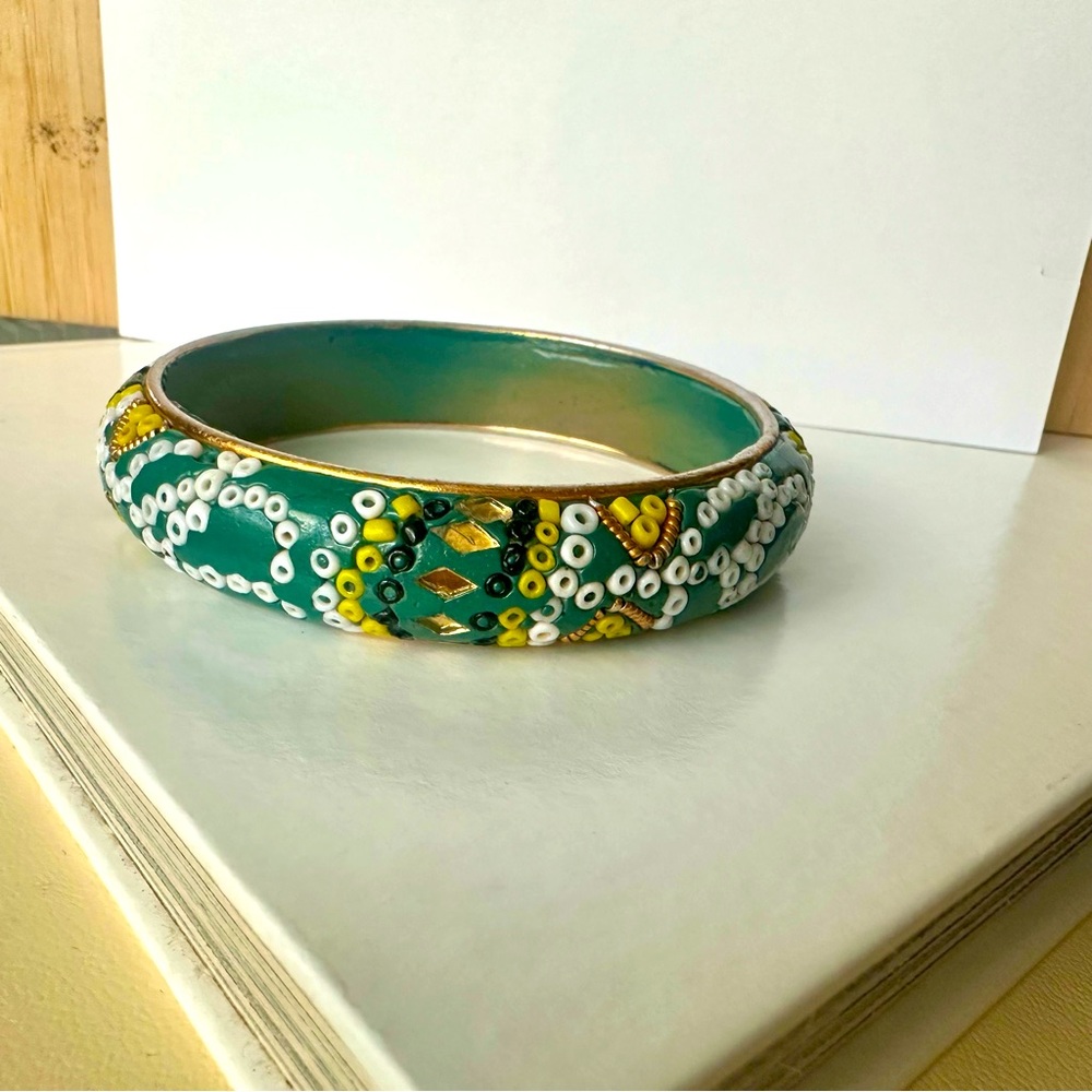Vintage India Wooden Green Bracelet Bangle w Gold & Beaded Trim